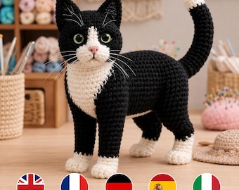 Patrón de ganchillo realista de gato esmoquin, juguete amigurumi de pie (descarga en PDF)