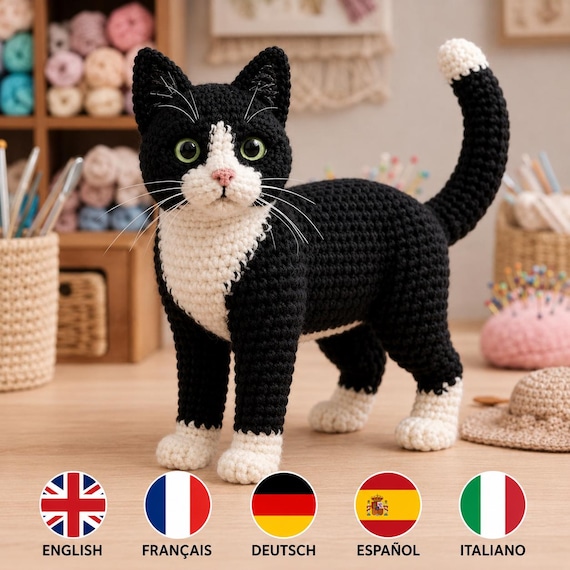 Realistic Tuxedo Cat Crochet Pattern, Standing Amigurumi Toy (PDF Download)