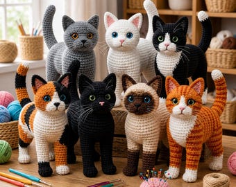 Paquete de 7 patrones realistas de gatos a crochet, conjunto de amigurumi de gatos, patrón de gatito a crochet, descarga en PDF