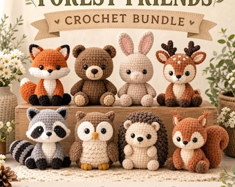 Paquete de patrones de ganchillo "Amigos del Bosque", 8 animales amigurumi del bosque (descarga en PDF)