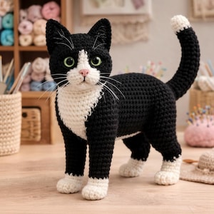 Puede incluir: Un gato de ganchillo hecho a mano en blanco y negro, con ojos verdes y nariz rosa. El gato está de pie sobre sus cuatro patas, con la cola curvada hacia arriba. Las patas, el pecho y la cara del gato son blancos, mientras que el resto del cuerpo es negro.