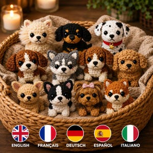 May include: A selection of crocheted dog toys in a wicker basket. The dogs are crafted in various breeds, such as a Dalmatian and a Dachshund, with detailed features and different colour patterns. The basket is lined with a soft, neutral-toned fabric.
