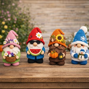 Paquete de patrones de gnomos de ganchillo de temporada, 4 gnomos amigurumi, peluche navideño en PDF