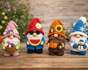 Paquete de patrones de gnomos de ganchillo de temporada, 4 gnomos amigurumi, peluche navideño en PDF