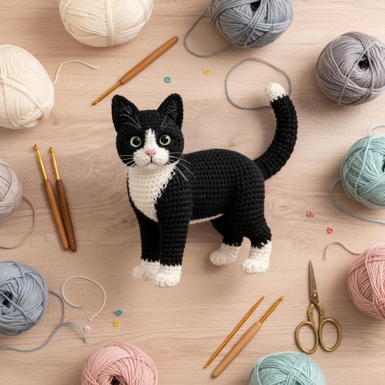 Puede incluir: Un gato de ganchillo hecho a mano en blanco y negro, rodeado de ovillos de lana de varios colores, ganchillos y tijeras. El gato tiene patas, pecho y cara blancas, con ojos verdes y nariz rosa. El fondo es una superficie de madera clara.