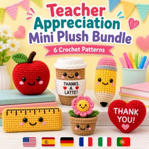 Puede incluir: Un conjunto de mini peluches Teacher Appreciation con 6 patrones de ganchillo. Incluye una manzana roja, un vaso de café con el texto THANKS A LATTE, un lápiz amarillo, una regla amarilla, una flor en maceta y un corazón rojo THANK YOU.