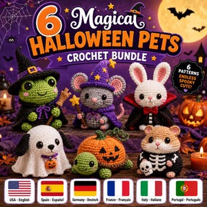 May include: A crochet bundle featuring 6 Magical Halloween Pets with patterns. The image displays a green frog in a witch hat, a grey mouse in a wizard hat, a white rabbit in a vampire cape, a dog ghost, a pumpkin turtle, and a skeleton hamster.