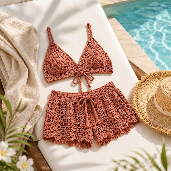 Crochet Beach Set Pattern, Bralette and Lace Shorts, Boho Cover Up (PDF Pattern)