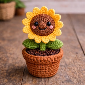 May include: A crocheted sunflower in a brown pot. The sunflower has yellow petals, a brown center, and a smiling face with pink cheeks. The pot is brown, and the leaves are green. The item is on a wooden surface.