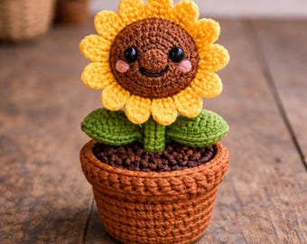 Patrón de maceta de girasol a crochet, decoración de escritorio amigurumi (descarga en PDF)
