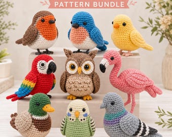 Paquete de 9 patrones de pájaros de ganchillo, juguete de peluche amigurumi en PDF (descarga digital)