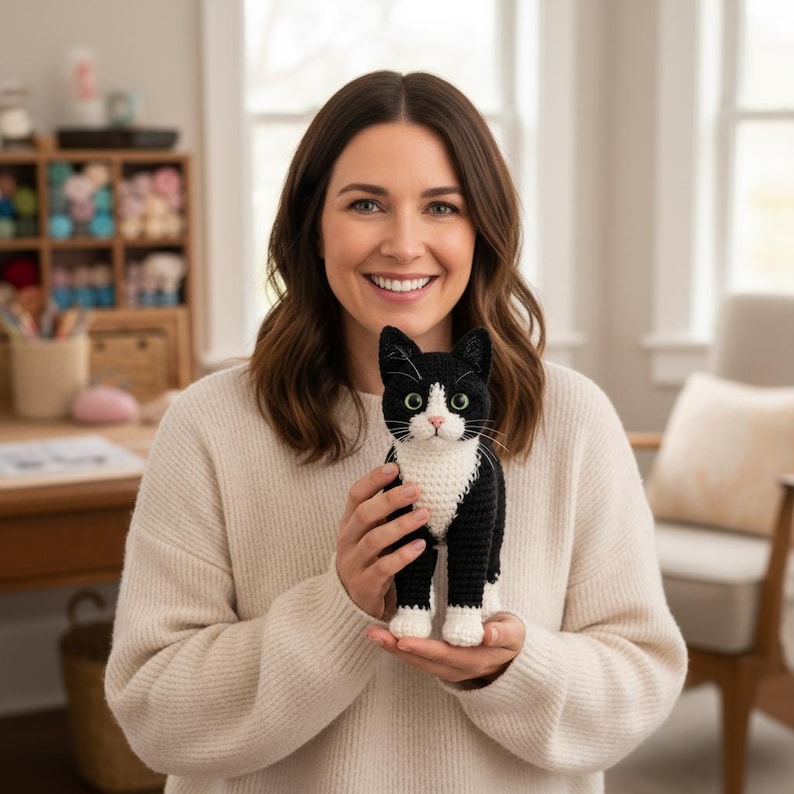 Puede incluir: Un gato de ganchillo blanco y negro con ojos verdes. El gato hecho a mano tiene el pecho y las patas blancas. El gato es un peluche. El gato se sostiene frente a una persona que lleva un su&eacute;ter color crema.