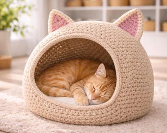 Patrón de cama para mascotas de ganchillo grueso, acogedor nido tipo cueva, diseño de orejas (PDF digital)