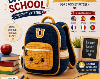 Patrón de mochila de peluche a crochet, juguete de amigurumi kawaii para la escuela (descarga en PDF)
