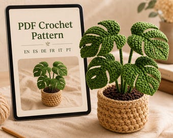 Patrón de planta Monstera a crochet en PDF, planta en maceta de amigurumi, decoración bohemia para el hogar (descarga digital)
