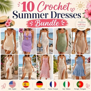 Może przedstawiać: Cyfrowy kolaż zawierający tekst 10 Crochet Summer Dresses Bundle oraz dziesięć różnych szydełkowych sukienek w różnych kolorach i długościach, w tym beżowym, lawendowym, zielonym i niebieskim, wyświetlanych w siatce z akcentami plażowymi.