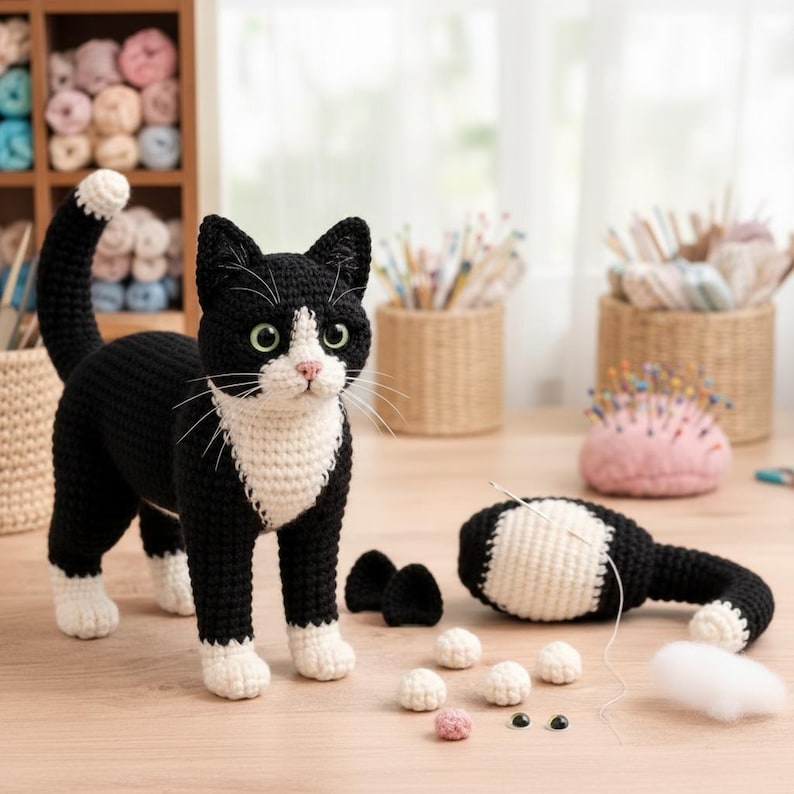 Puede incluir: Un gato de ganchillo en blanco y negro hecho a mano se encuentra sobre una superficie de madera, con una versi&oacute;n parcialmente terminada y materiales de artesan&iacute;a cerca. El gato terminado tiene ojos verdes y un babero blanco. Componentes adicionales incluyen bolas de hilo y cuentas de ojos negras.