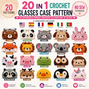 Könnte beinhalten: Eine digitale Mustersammlung mit dem Titel 20 IN 1 CROCHET GLASSES CASE PATTERN mit 20 Tiermotiven, darunter Bär, Panda, Katze, Hund, Hase, Fuchs, Löwe, Elefant, Koala, Tiger, Kuh, Schwein, Frosch, Eule, Igel, Waschbär, Reh, Ente, Pinguin und Einhorn.