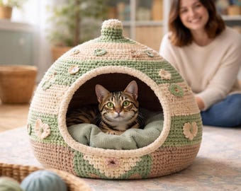 Patrón de cama para gatos de ganchillo grueso, diseño de cueva acogedora, ideal para principiantes (PDF digital)
