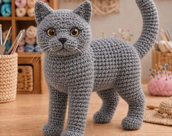 Patrón de ganchillo realista de gato gris, juguete amigurumi de pie (descarga en PDF)