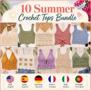 Paquete de 10 patrones de tops de verano de crochet estilo boho (tallas XS-3XL) (descarga digital)