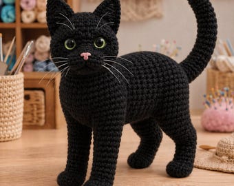 Patrón de ganchillo realista de gato negro, juguete amigurumi de pie (descarga en PDF)