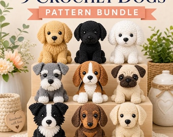 Paquete de 9 patrones de perros de ganchillo, juguetes de peluche de cachorros amigurumi en formato PDF