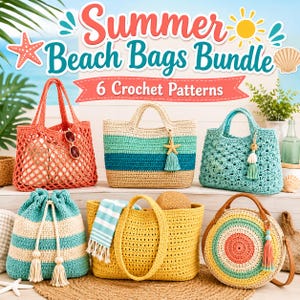 Pode incluir: Uma coleção de seis bolsas de crochê com vários designs, incluindo uma bolsa de rede coral, uma bolsa listrada bege e azul-petróleo, uma bolsa azul-clara com padrão de conchas, uma bolsa saco azul-petróleo e creme, uma bolsa amarela e uma bolsa redonda multicolorida.