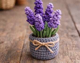 Patrón de planta de lavanda a crochet en PDF, maceta de amigurumi texturizada, tallos de alambre (descarga digital)