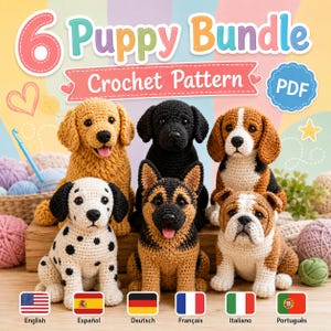 以下が含まれることがあります： 6匹の子犬の編み図PDFセット。ゴールデンレトリバー、黒のラブラドール、ビーグル、ダルメシアン、ジャーマンシェパード、ブルドッグの6種類のハンドメイドあみぐるみが写っています。画像には「6 Puppy Bundle Crochet Pattern PDF」というテキストが表示されています。