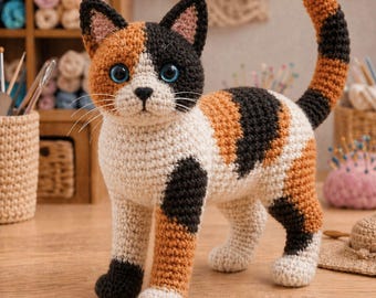 Patrón de ganchillo realista de gato calico, animal amigurumi de pie (descarga en PDF)