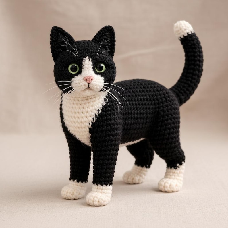 Puede incluir: Un gato de ganchillo hecho a mano en blanco y negro. El gato tiene ojos verdes, nariz rosa y bigotes blancos. El cuerpo del gato es negro, con marcas blancas en el pecho, las patas y la punta de la cola. El gato est&aacute; de pie.