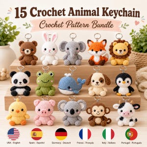 May include: A collection of 15 crochet animal keychains featuring a bear, rabbit, elephant, fox, lion, panda, frog, whale, dog, penguin, chick, pig, koala, monkey, and cow. The text 15 Crochet Animal Keychain Crochet Pattern Bundle is visible.