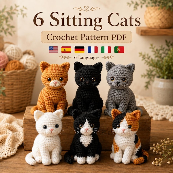 6 Sitting Cat Crochet Patterns PDF, Amigurumi Bundle, Beginner Friendly (6 Languages)