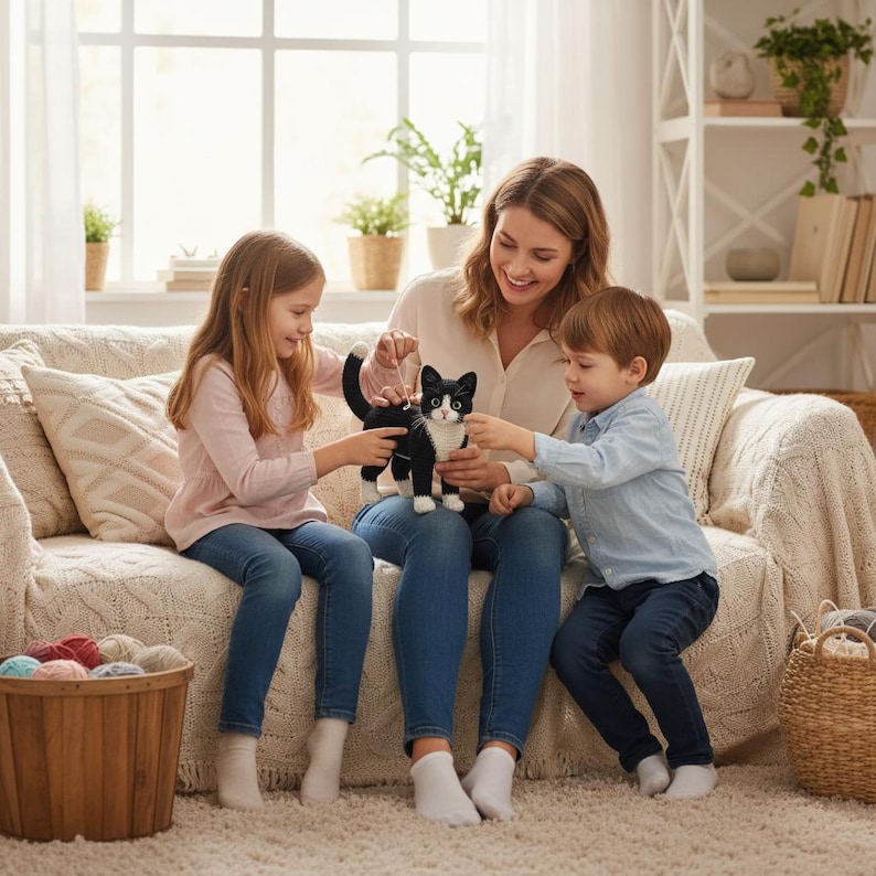 Puede incluir: Una familia est&aacute; sentada en un sof&aacute; beige, jugando con una figura de gato blanco y negro. El gato tiene ojos verdes y lo sostienen una mujer y dos ni&ntilde;os. Una cesta de madera con hilo est&aacute; en primer plano.