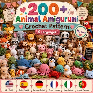 Könnte beinhalten: Eine Sammlung von über 200 bunten gehäkelten Amigurumi-Tierfiguren, die zusammen präsentiert werden. Das Bild zeigt ein Titelbanner mit der Aufschrift 200+ Animal Amigurumi Crochet Pattern sowie Text zu 6 Sprachen und nahtlosen Designs.
