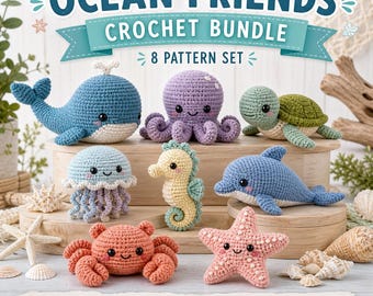 Paquete de patrones de crochet Amigos del Océano, 8 amigurumis de animales marinos en formato PDF