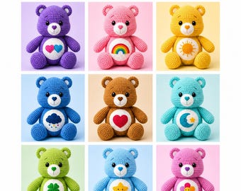 9 patrones de ositos de peluche de ganchillo, conjunto de ositos amigurumi, emblemas con símbolos (descarga en PDF)