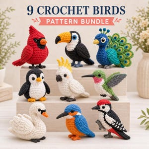 May include: Nine colorful crochet bird figures, including a cardinal, toucan, peacock, penguin, cockatoo, hummingbird, swan, kingfisher, and woodpecker. The text "9 CROCHET BIRDS PATTERN BUNDLE" is displayed at the top.