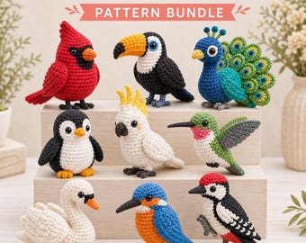 Paquete de 9 patrones de pájaros a crochet: cardenal, tucán, pavo real, pingüino, cacatúa y cisne (descarga en PDF).