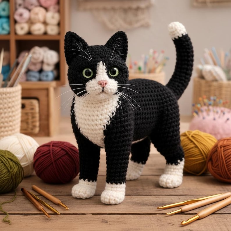 Puede incluir: Un gato de ganchillo hecho a mano en blanco y negro, con ojos verdes y nariz rosa. El gato tiene patas blancas y una cola con punta blanca. El gato est&aacute; sobre una superficie de madera, con lana y ganchos de ganchillo en el fondo.