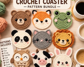 Paquete de patrones de posavasos de ganchillo con forma de animales, posavasos de amigurumi ideales para principiantes (PDF)