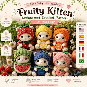 Fruity Kätzchen Amigurumi Häkelanleitung PDF, 6er Bundle (digitaler Download)