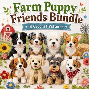 Könnte beinhalten: Eine Sammlung von acht gehäkelten Welpenfiguren in verschiedenen Rassen und Farben, darunter Schwarz-Weiß, Hellbraun und Grau. Der Text "Farm Puppy Friends Bundle" und "8 Crochet Patterns" steht über den Welpen auf weißem Hintergrund.