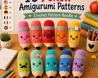 10 patrones de amigurumi de lápices kawaii para tejer a crochet (descarga digital)