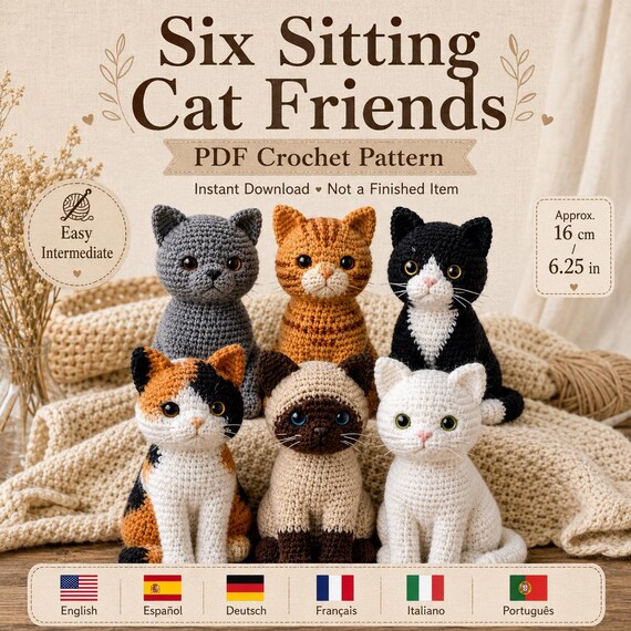 Six Sitting Cat Crochet Pattern PDF, Amigurumi Bundle, Realistic Kitty Plush DIY (Digital Download)