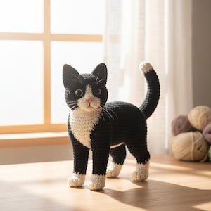 Puede incluir: Una figura de gato de ganchillo en blanco y negro, con ojos verdes y nariz rosa. El gato tiene patas blancas y un babero blanco. El gato est&aacute; de pie sobre una superficie de madera cerca de una ventana.