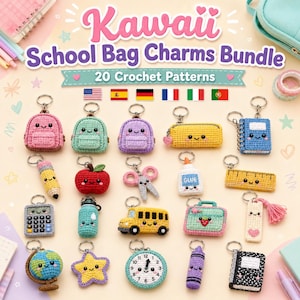 Könnte beinhalten: Eine Sammlung von 20 Häkelanleitungen für Schultaschenanhänger mit dem Titel Kawaii School Bag Charms Bundle. Das Bild zeigt verschiedene gehäkelte Gegenstände, darunter Rucksäcke, einen Bleistift, einen Apfel, eine Schere, Kleber, ein Lineal, einen Taschenrechner, eine Wasserflasche, einen Schulbus, eine Brotdose, einen Globus, einen Stern, eine Uhr, einen Wachsmalstift und Notizbücher.