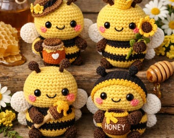 Paquete de patrones de amigurumi de abejas de ganchillo en miniatura, 4 diseños, PDF de peluche fácil