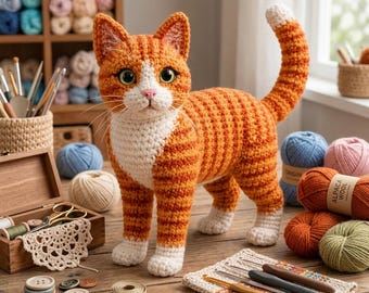 Patrón de ganchillo realista de gato atigrado naranja, juguete amigurumi de pie (descarga en PDF)